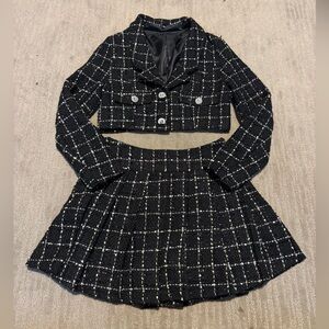 SHEIN Black Tweed Cropped Blazer and Pleated Skirt Set